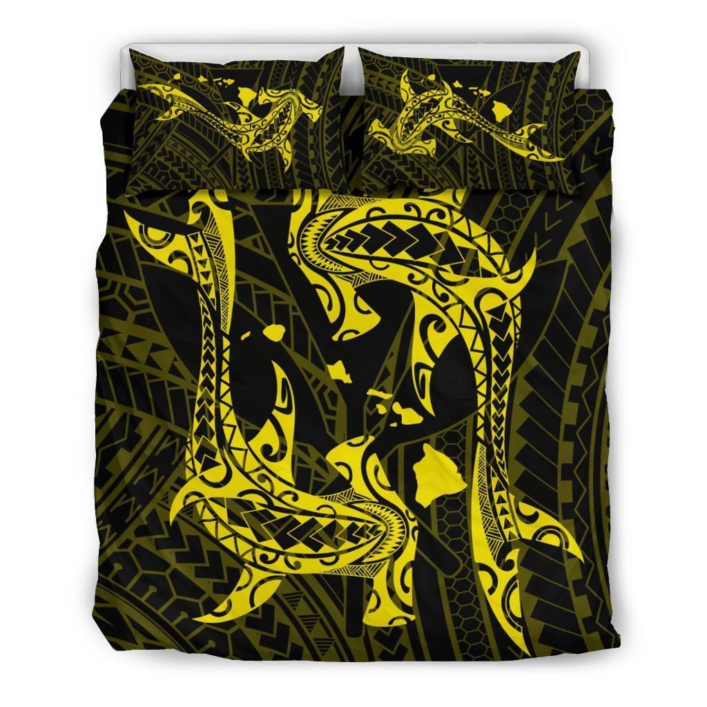 Hawaiian Map Hammerhead Shark Yin Yang Polynesian Yellow Bedding Set