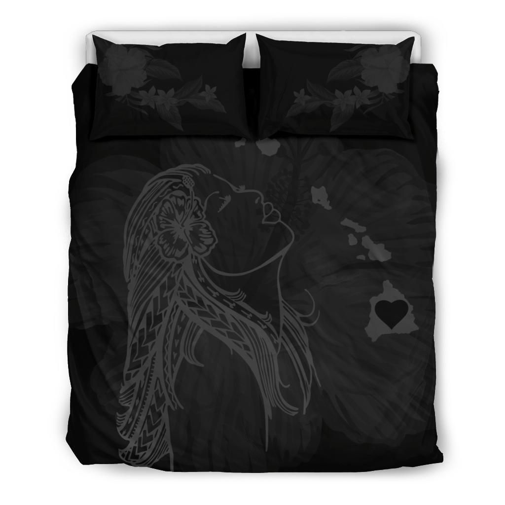 Hawaiian Map Heart Hula Girl Hibiscus Dark Bedding Set