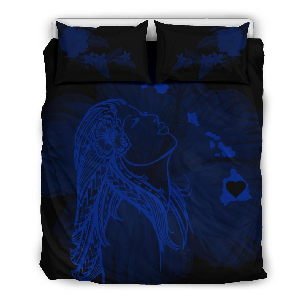 Hawaiian Map Heart Hula Girl Hibiscus Polynesian Blue Bedding Set
