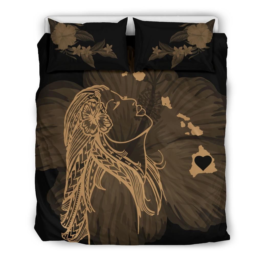 Hawaiian Map Heart Hula Girl Hibiscus Polynesian Gold Bedding Set