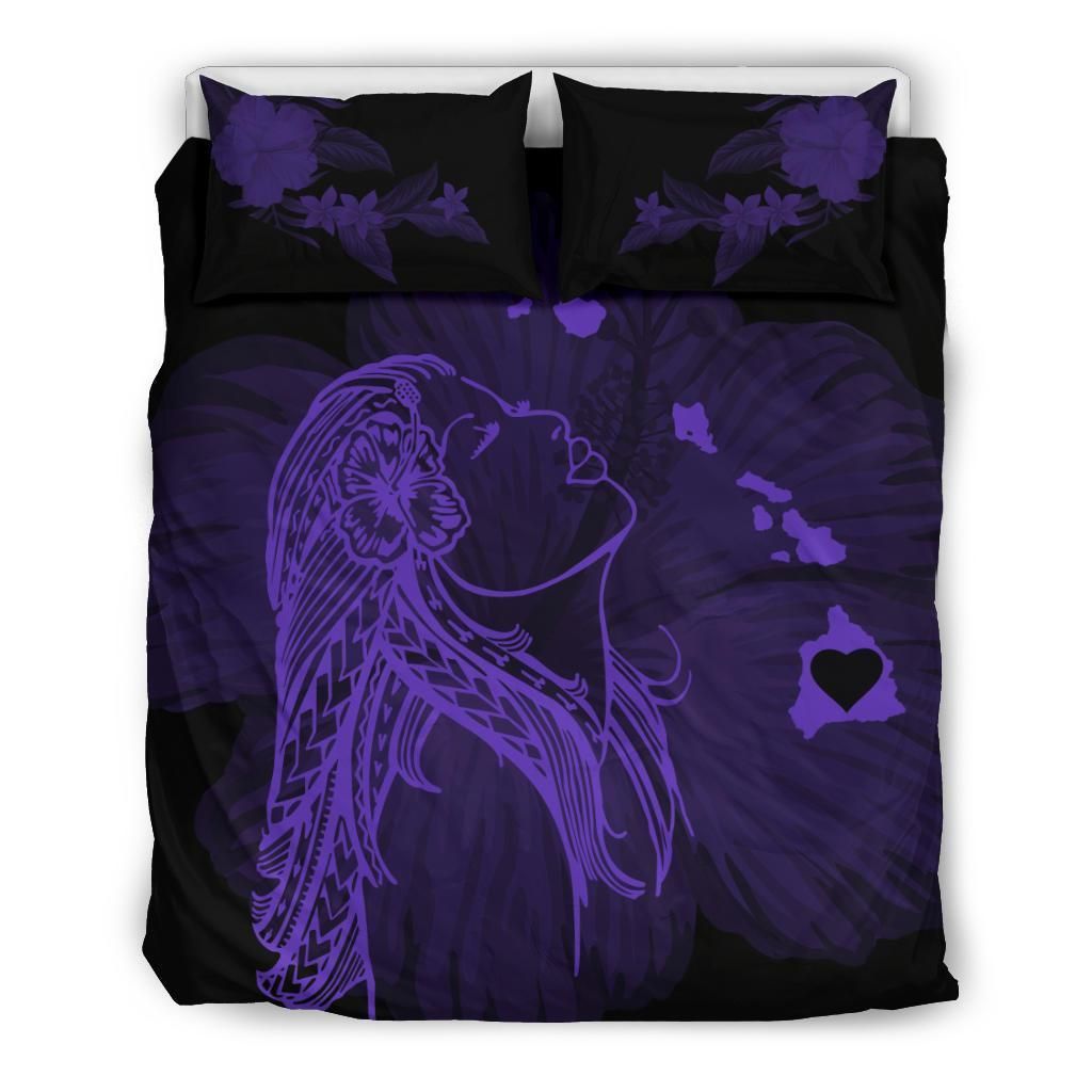 Hawaiian Map Heart Hula Girl Hibiscus Polynesian Purple Bedding Set