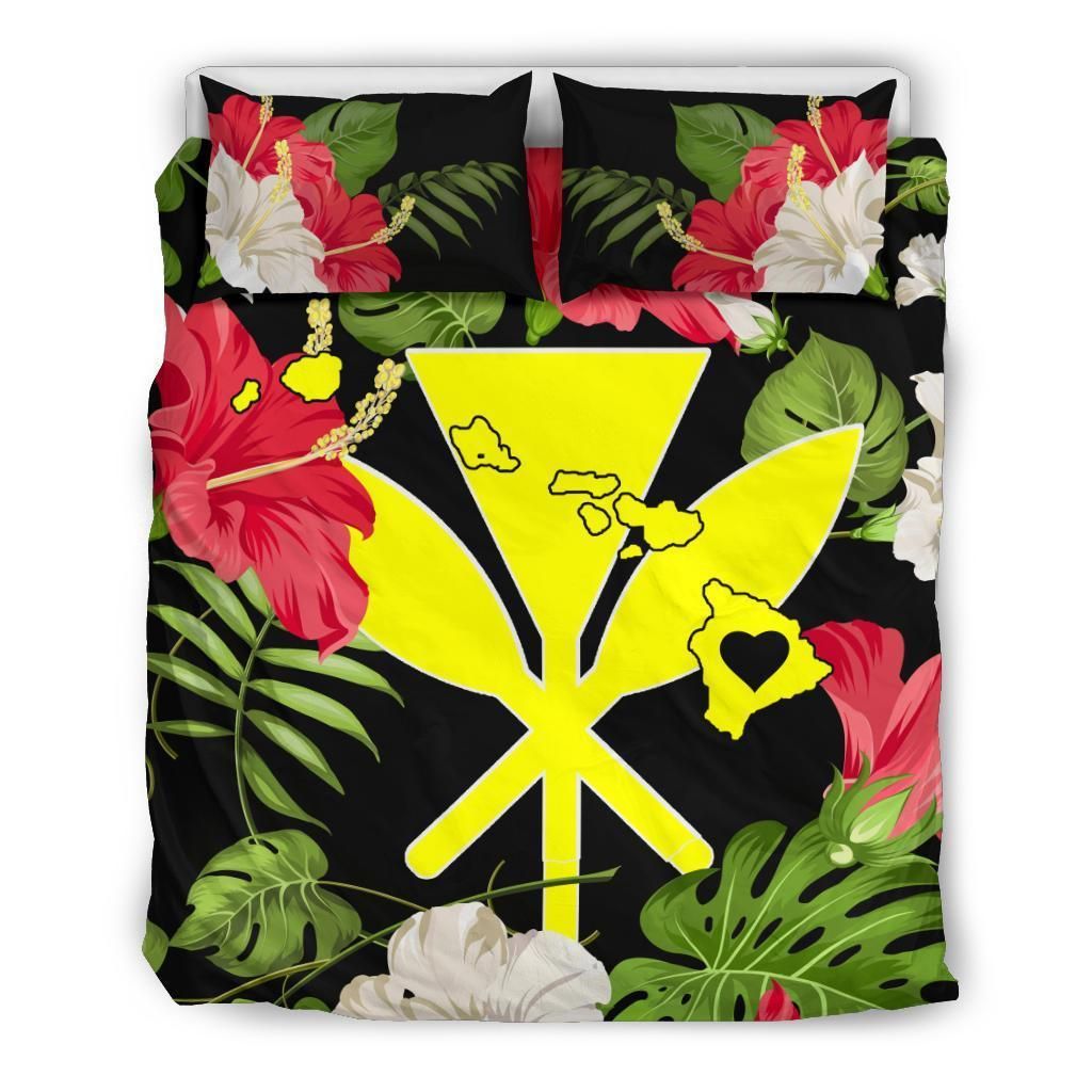Hawaiian Map Heart Kanaka Hibiscus Polynesian Bedding Set