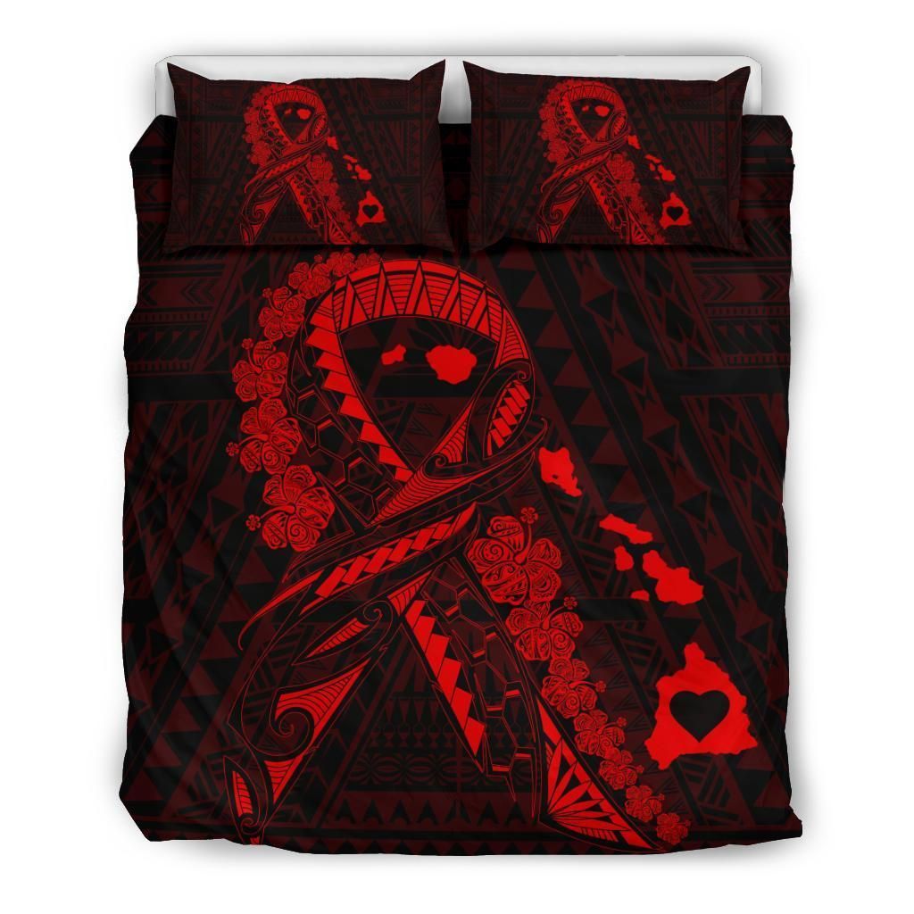 Hawaiian Map Heart Ribbon Cancer Hibiscus Polynesian Red Bedding Set