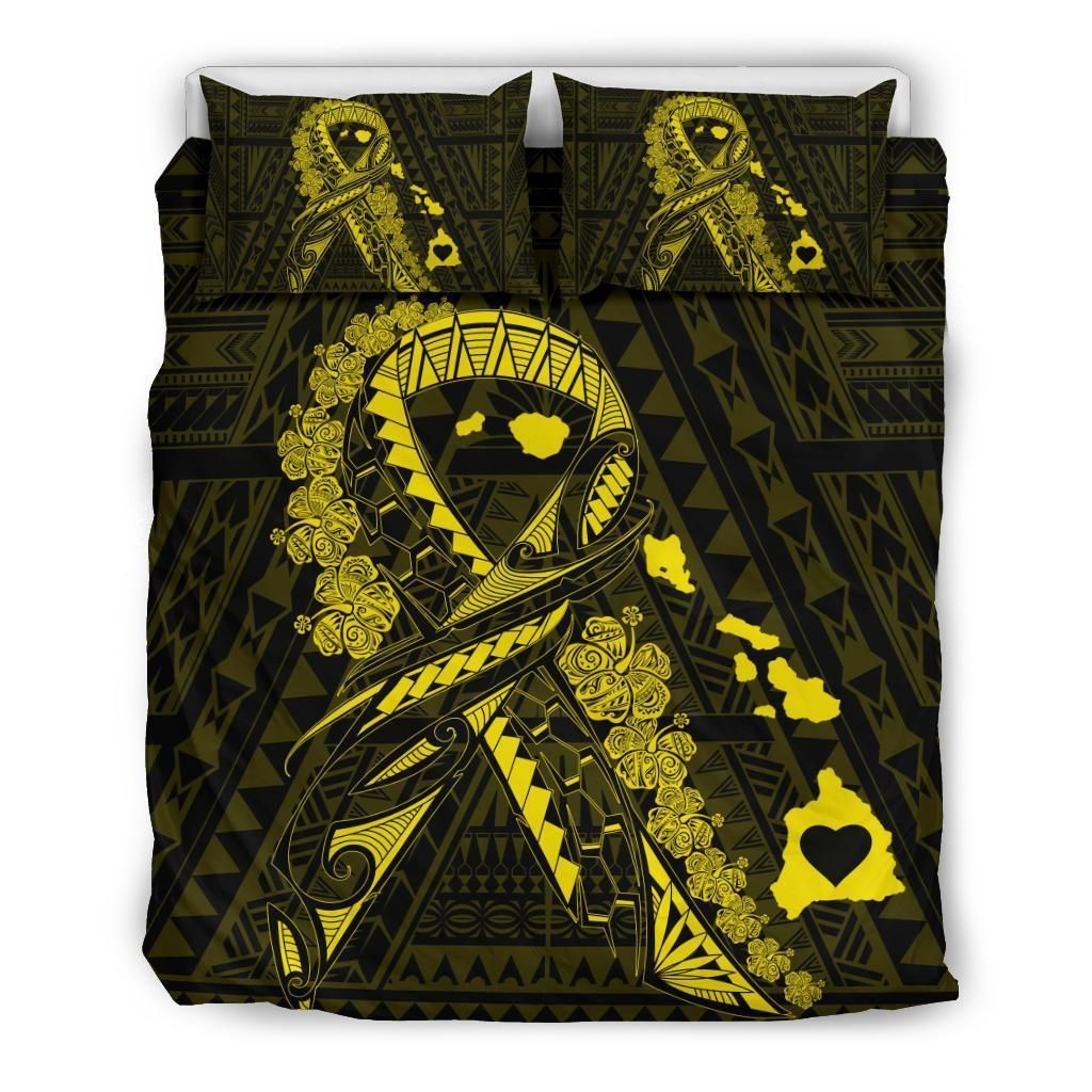Hawaiian Map Heart Ribbon Cancer Hibiscus Polynesian Yellow Bedding Set