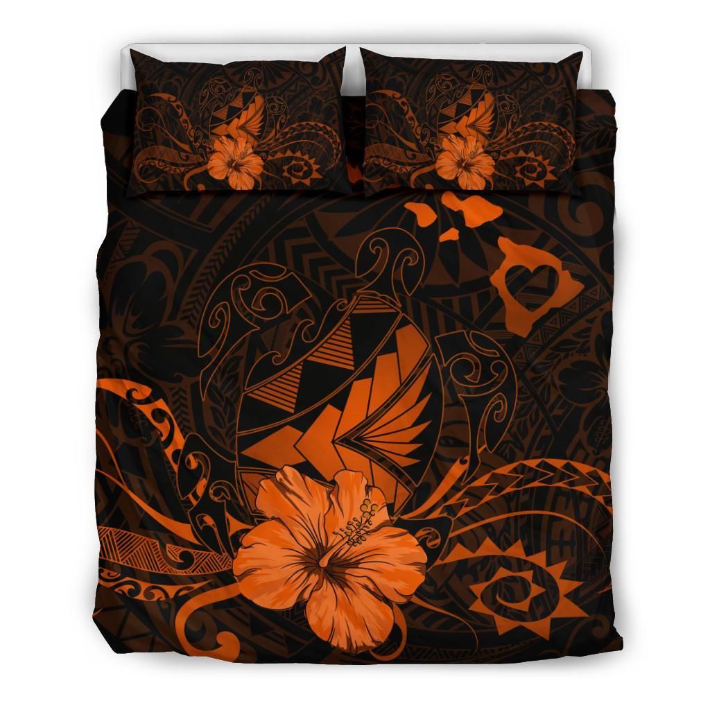 Hawaiian Map Heart Turtle Tattoo Hibiscus Orange Bedding Set