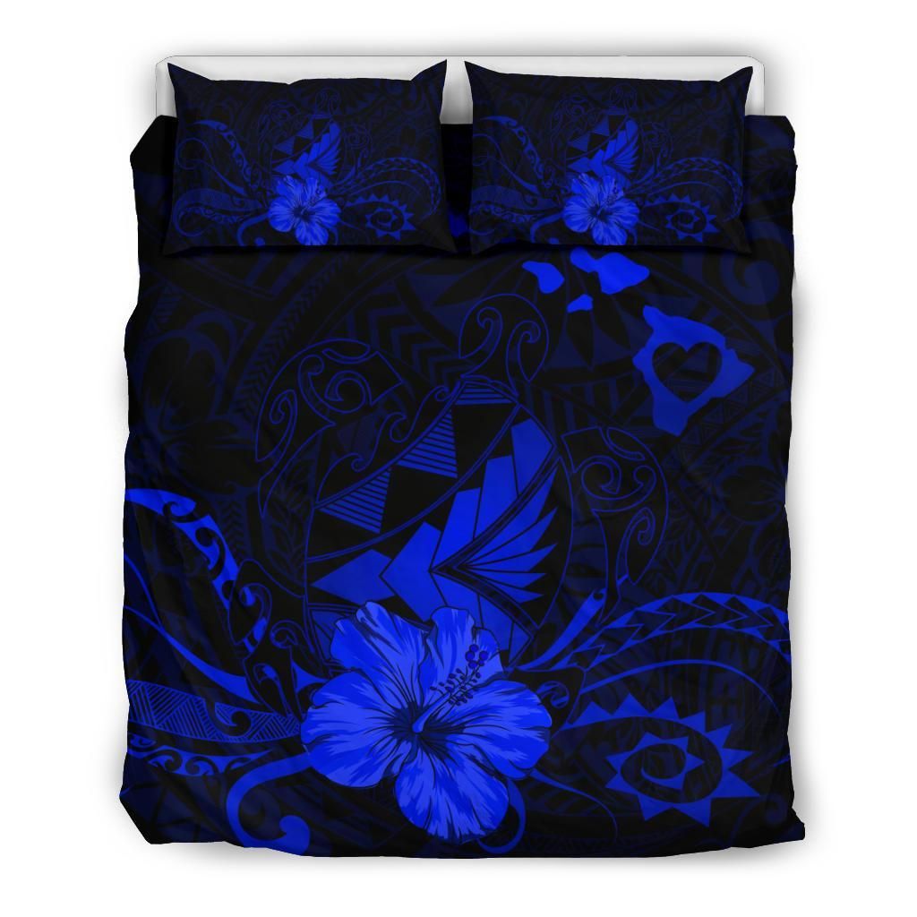 Hawaiian Map Heart Turtle Tattoo Hibiscus Polynesian Blue Bedding Set