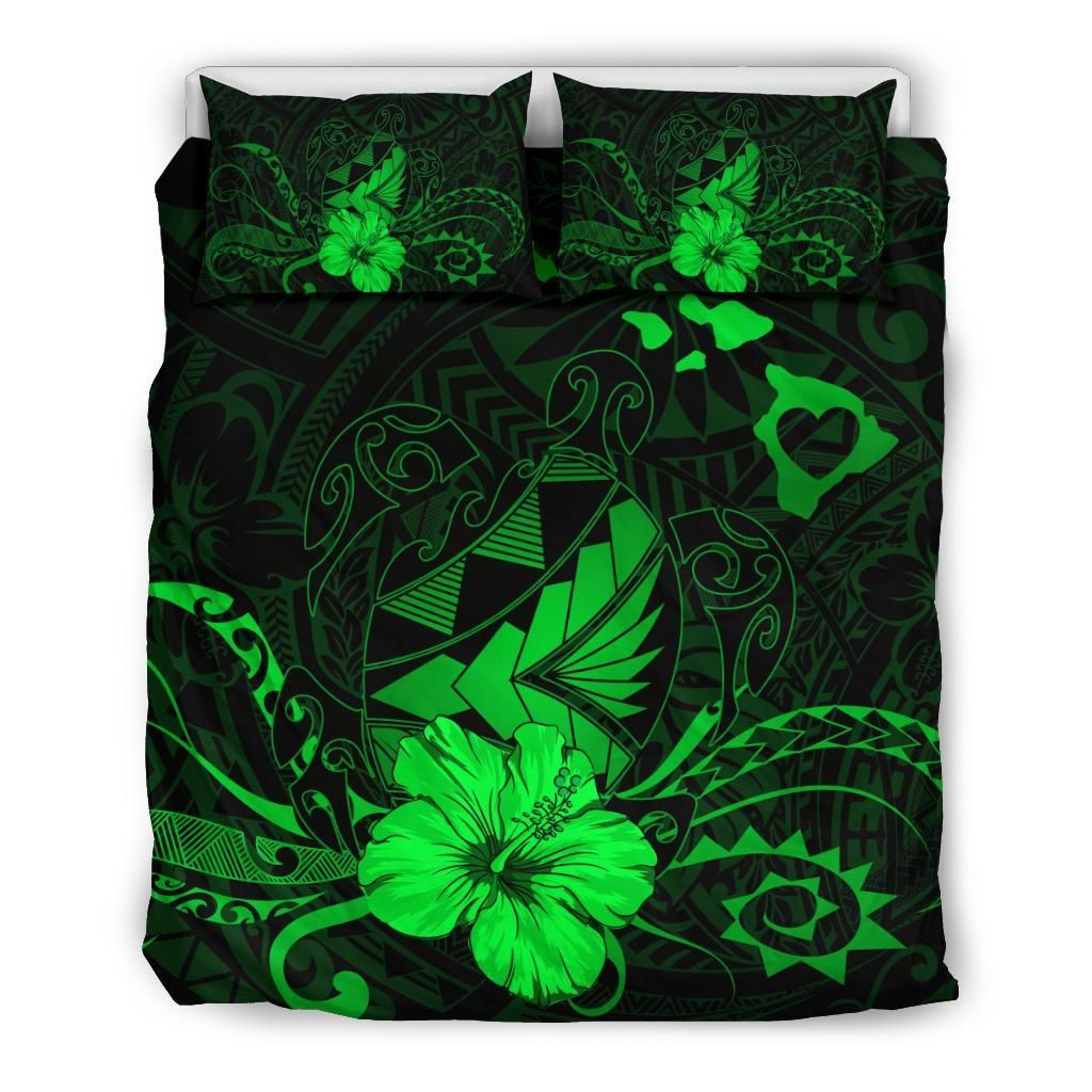 Hawaiian Map Heart Turtle Tattoo Hibiscus Polynesian Green Bedding Set