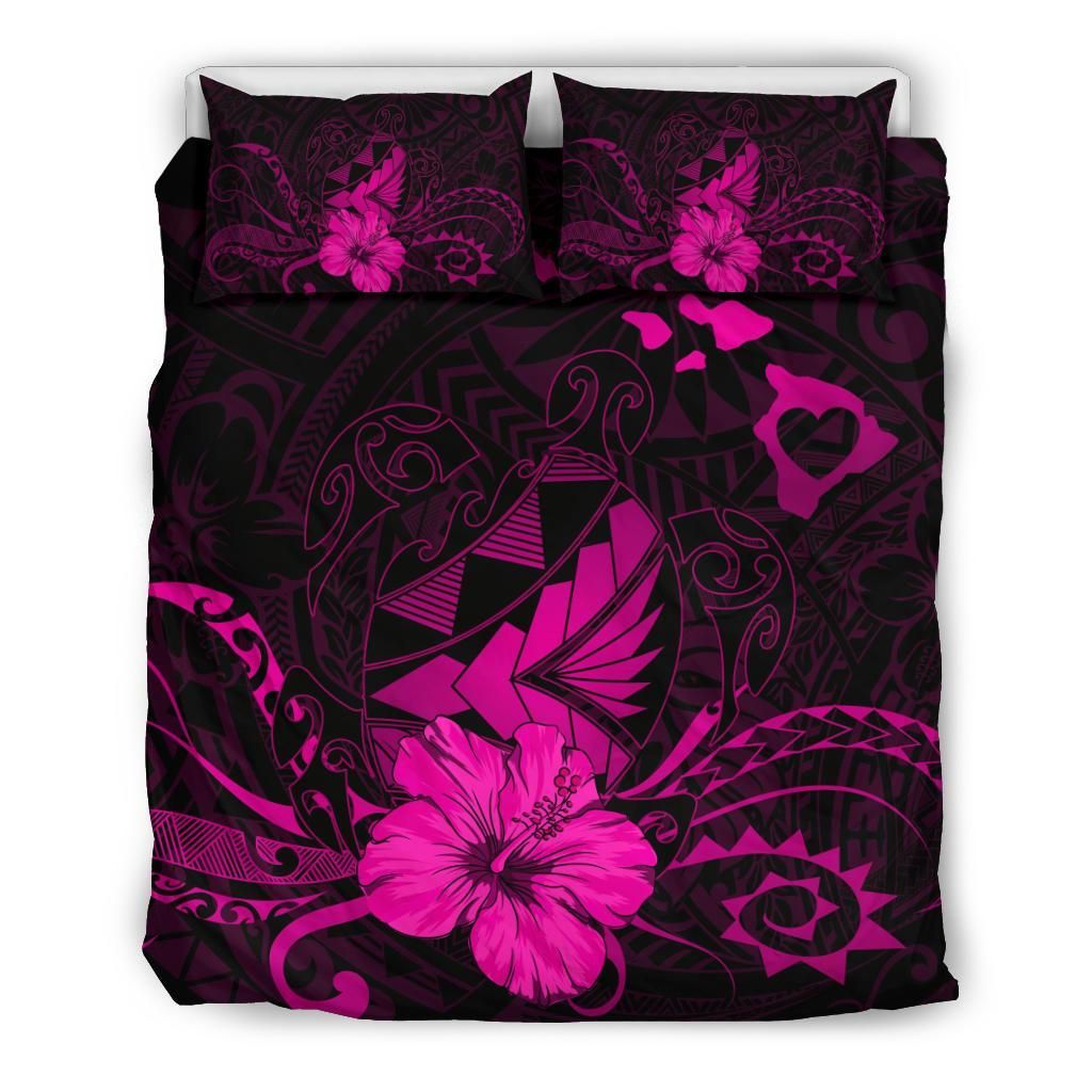 Hawaiian Map Heart Turtle Tattoo Hibiscus Polynesian Pink Bedding Set