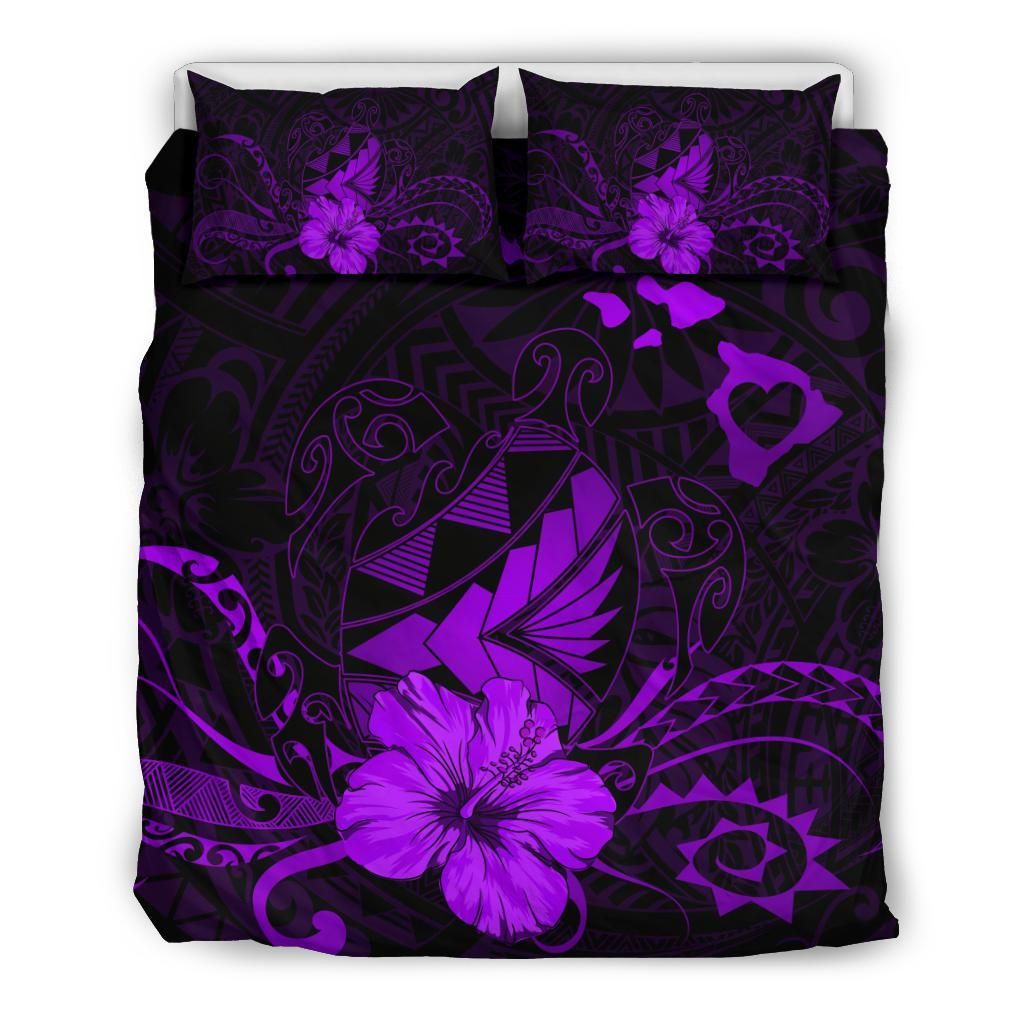 Hawaiian Map Heart Turtle Tattoo Hibiscus Polynesian Purple Bedding Set