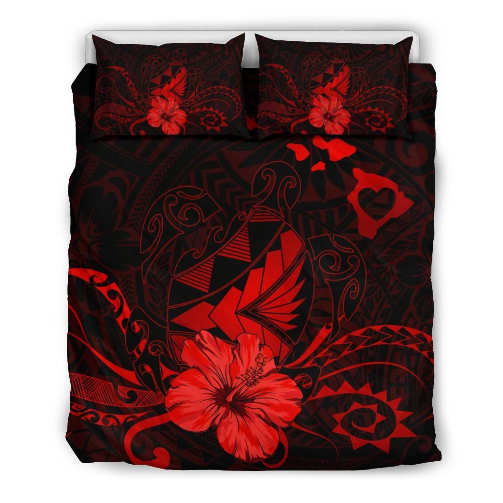 Hawaiian Map Heart Turtle Tattoo Hibiscus Polynesian Seto red Bedding Set