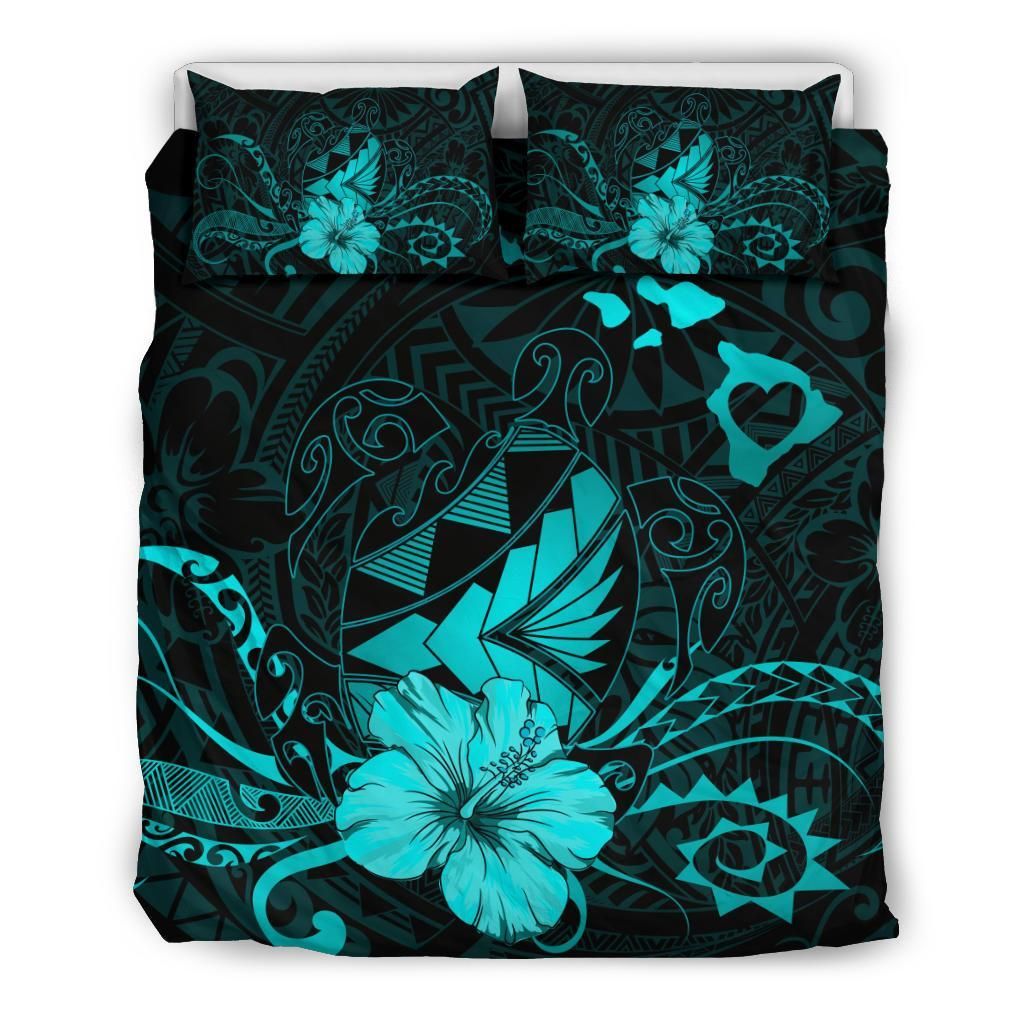 Hawaiian Map Heart Turtle Tattoo Hibiscus Polynesian Turquoise Bedding Set
