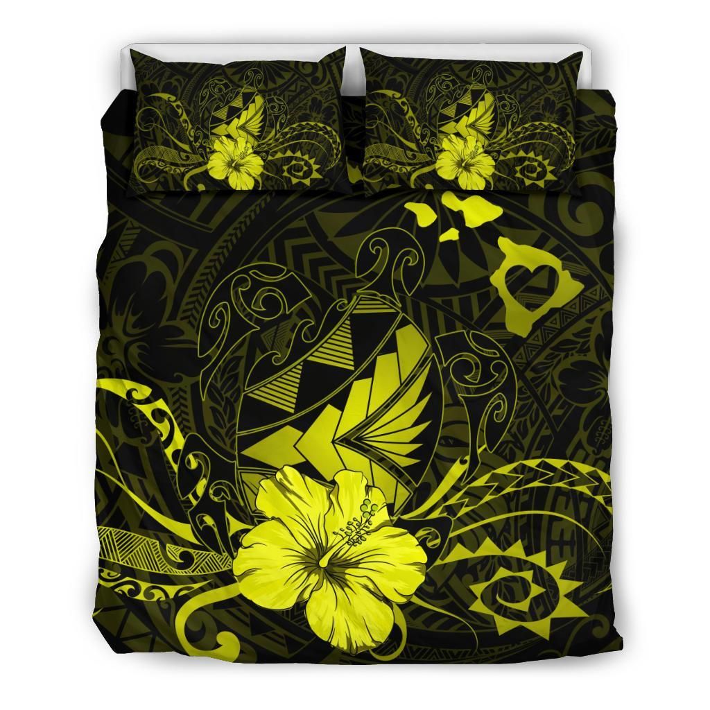 Hawaiian Map Heart Turtle Tattoo Hibiscus Polynesian Yellow Bedding Set