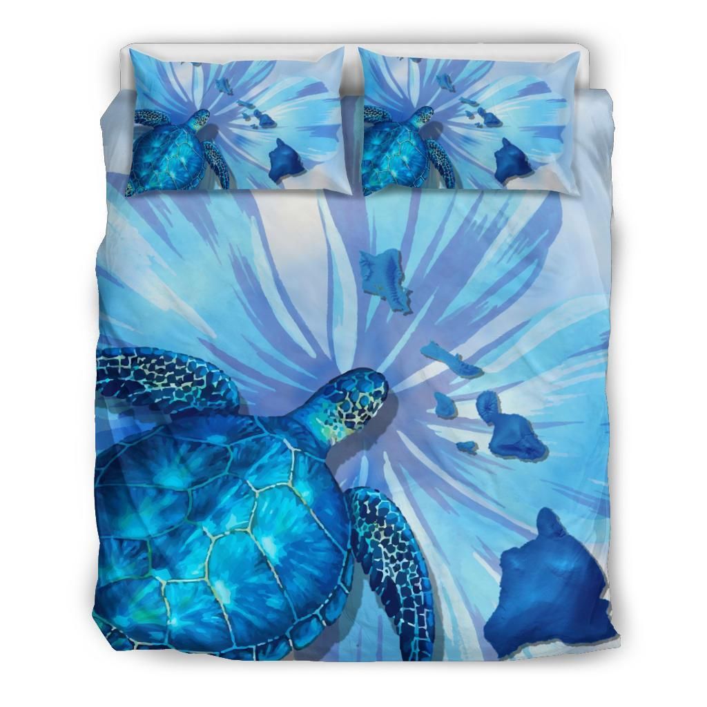 Hawaiian Map Hibiscus Flower Turtle Polynesian Blue Bedding Set