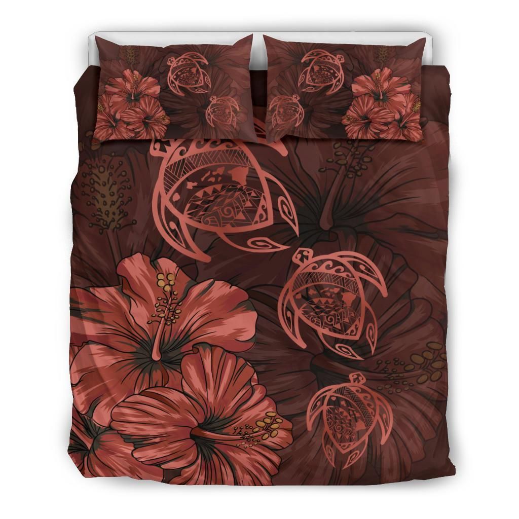 Hawaiian Map Hibiscus Flowers Vintage Polynesian Maroon Bedding Set