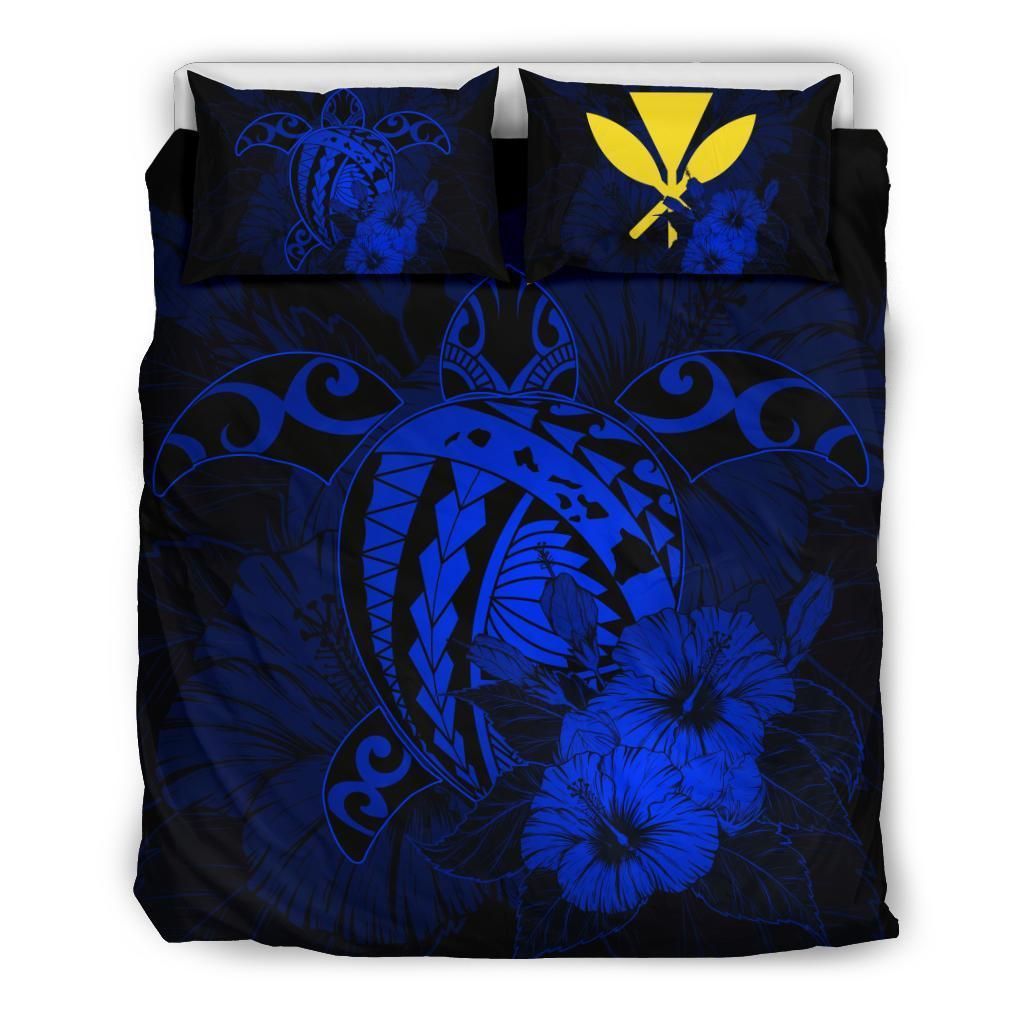 Hawaiian Map Hibiscus Kanaka Polynesian Harold Turtle Blue Bedding Set