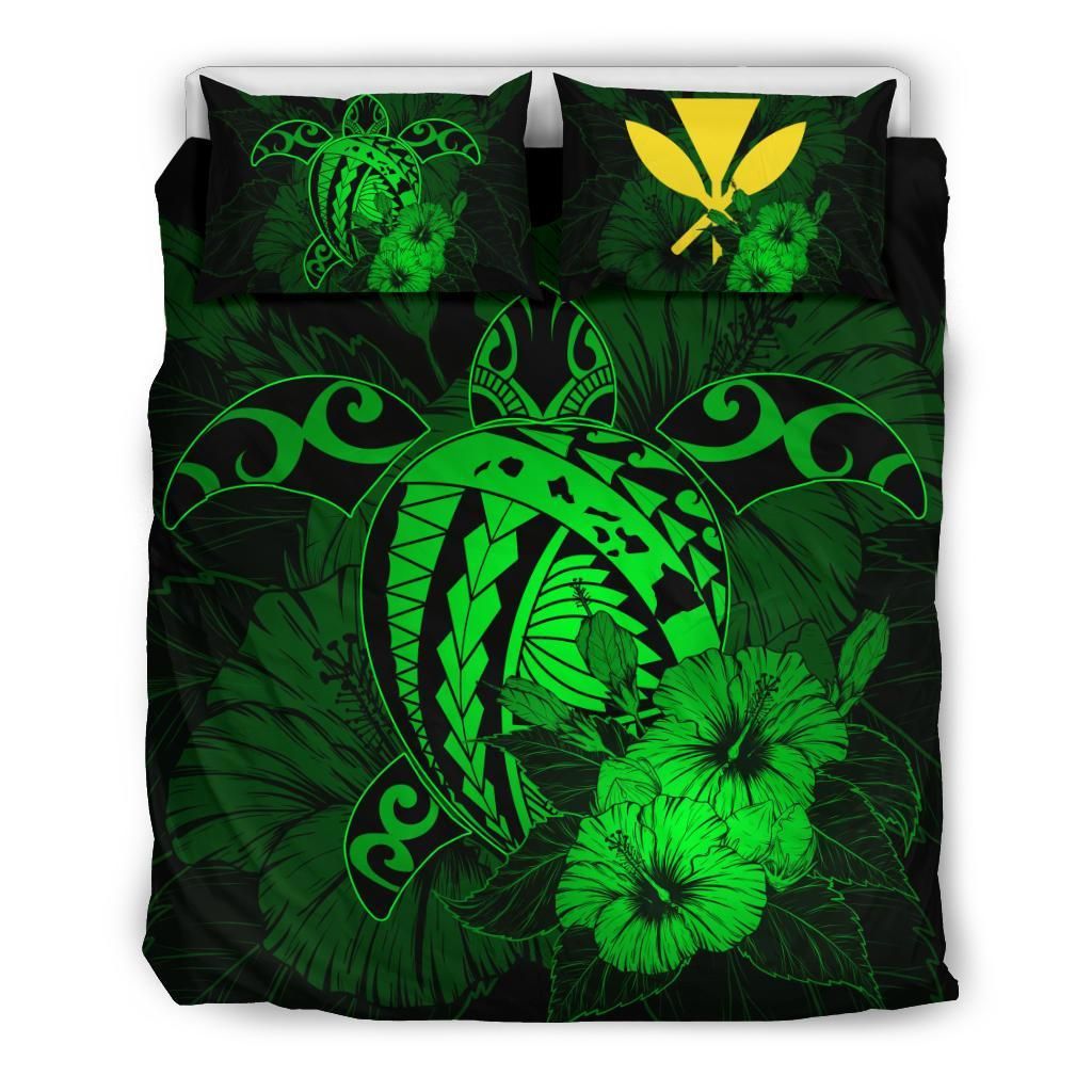 Hawaiian Map Hibiscus Kanaka Polynesian Harold Turtle Green Bedding Set