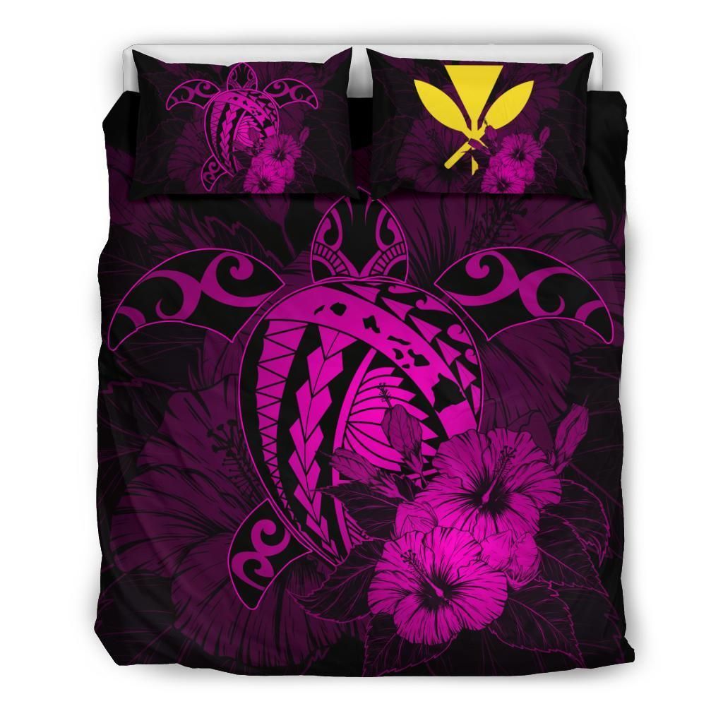 Hawaiian Map Hibiscus Kanaka Polynesian Harold Turtle Pink Bedding Set