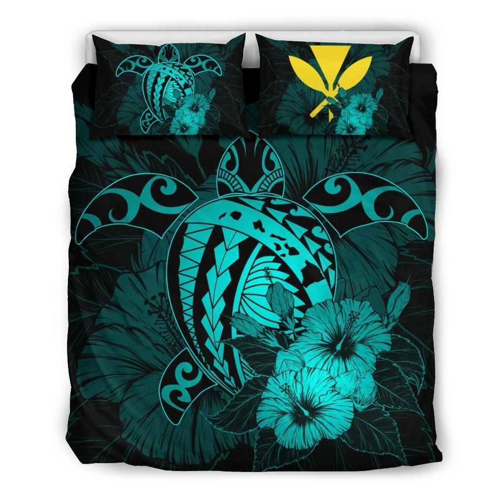 Hawaiian Map Hibiscus Kanaka Polynesian Harold Turtle Turquoise Bedding Set