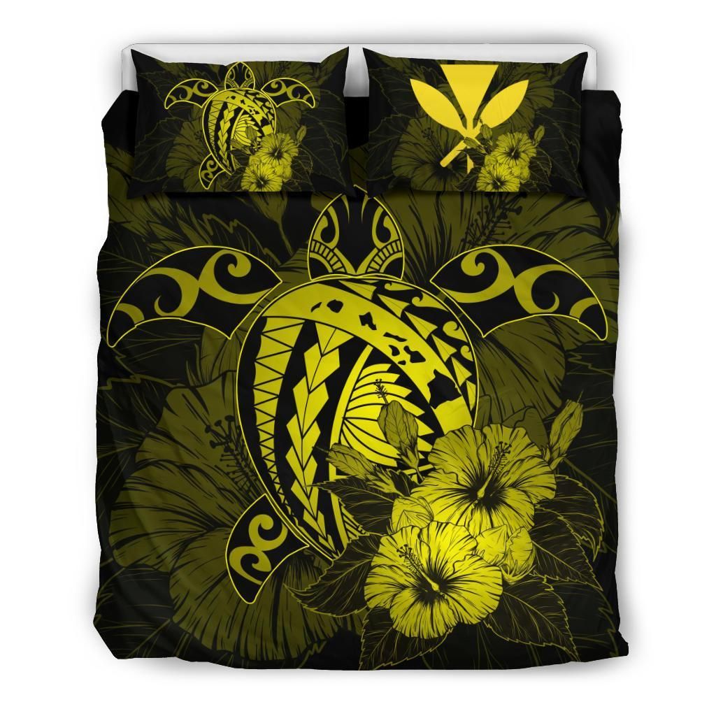 Hawaiian Map Hibiscus Kanaka Polynesian Harold Turtle Yellow Bedding Set