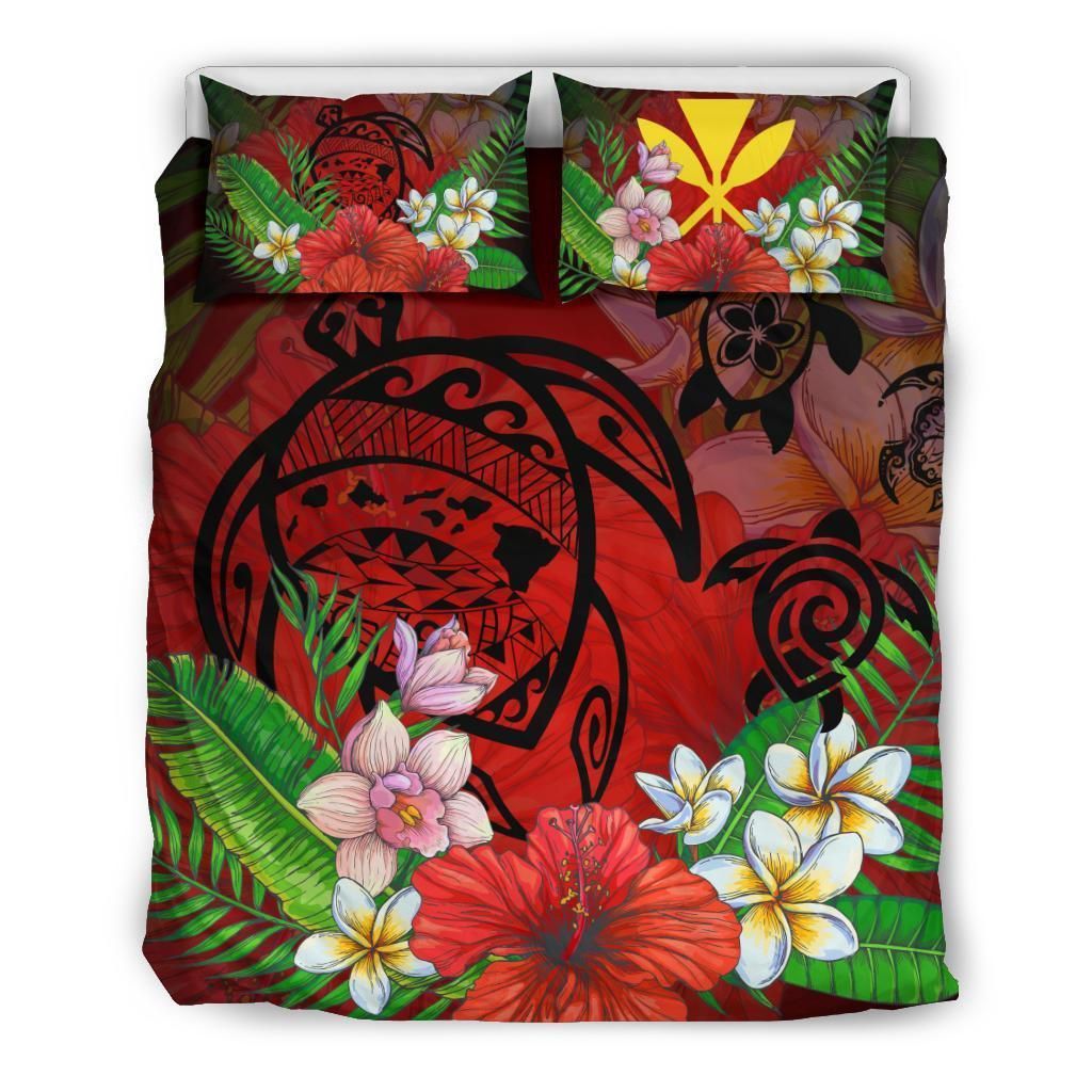 Hawaiian Map Hibiscus Plumeria Kanaka Bouquet Turtle Polynesian Bedding Set