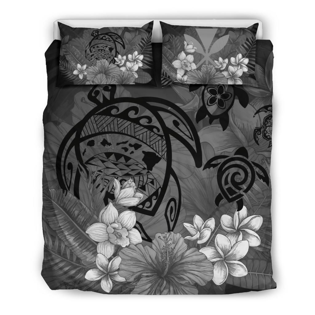 Hawaiian Map Hibiscus Plumeria Kanaka Bouquet Turtle Polynesian Gray Bedding Set