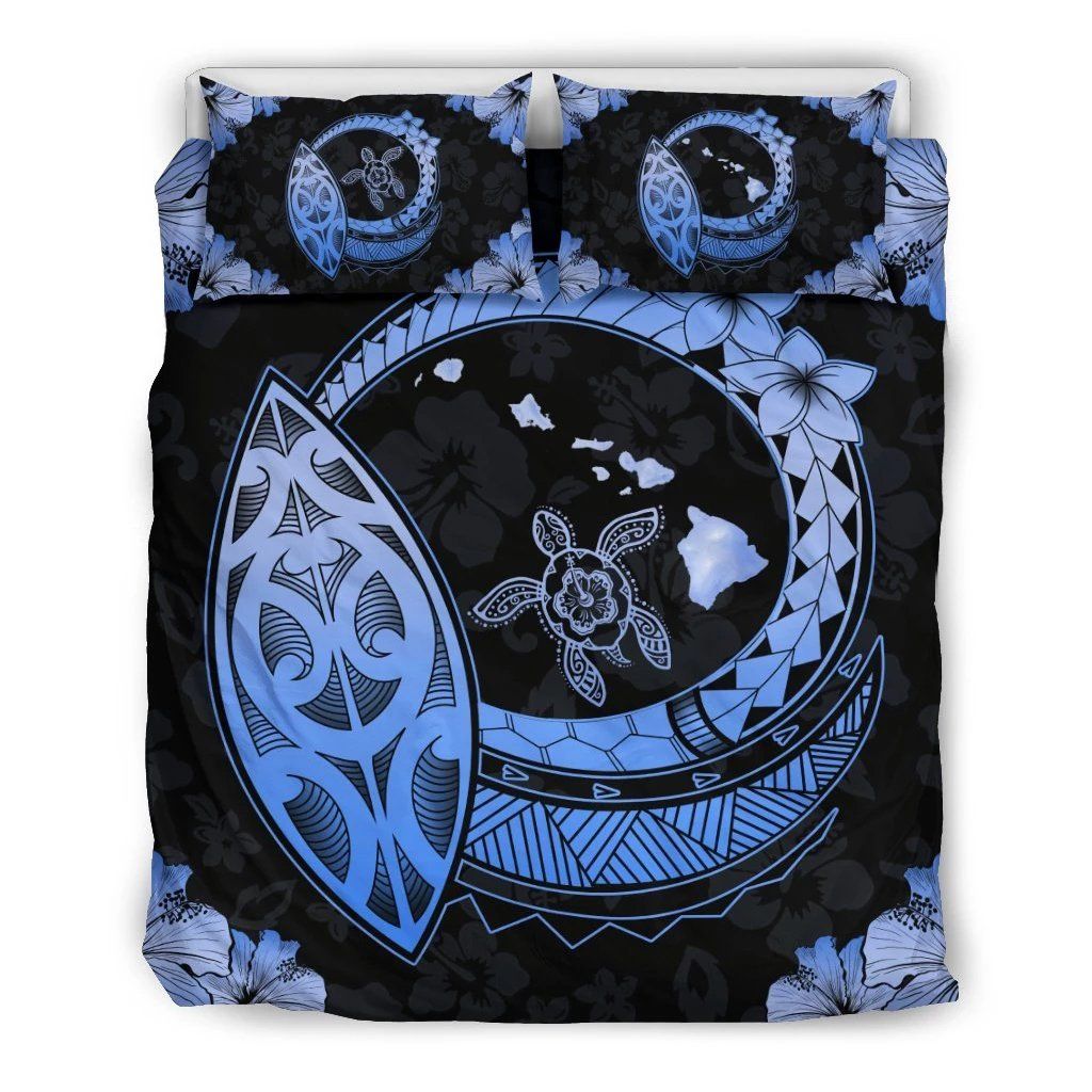 Hawaiian Map Hibiscus Plumeria Turtle Polynesian Blue Bedding Set
