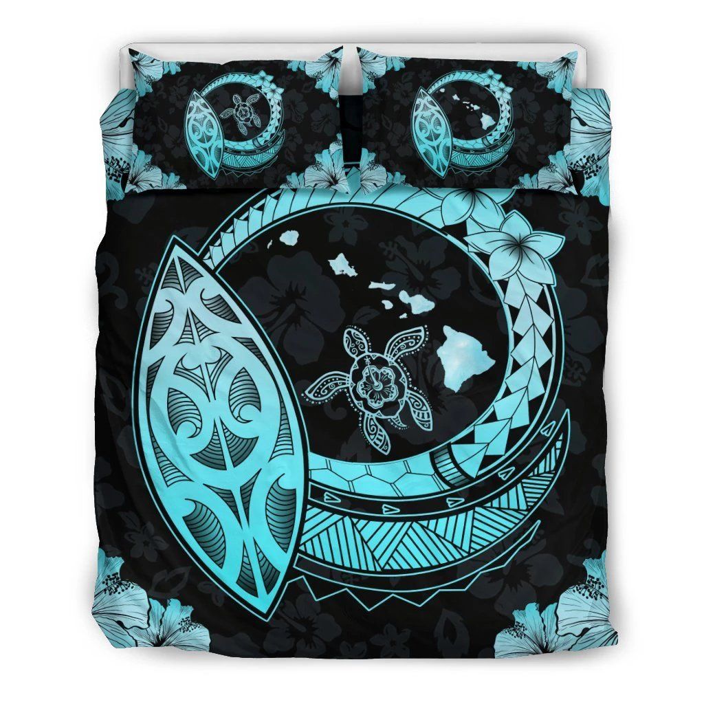 Hawaiian Map Hibiscus Plumeria Turtle Polynesian Celadon Bedding Set