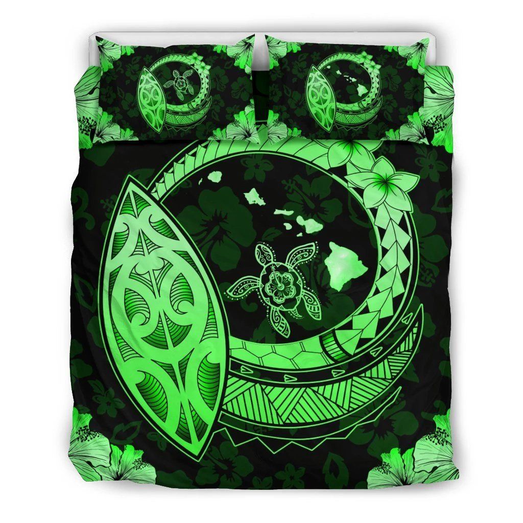 Hawaiian Map Hibiscus Plumeria Turtle Polynesian Green Bedding Set