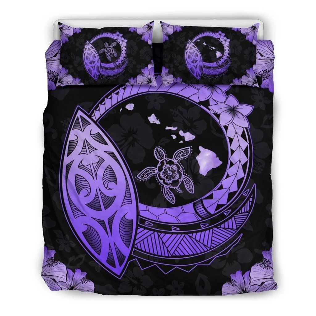 Hawaiian Map Hibiscus Plumeria Turtle Polynesian Violet Bedding Set