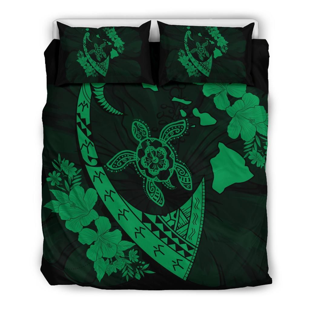 Hawaiian Map Hibiscus Turtle Fish Hook Polynesian Green Bedding Set