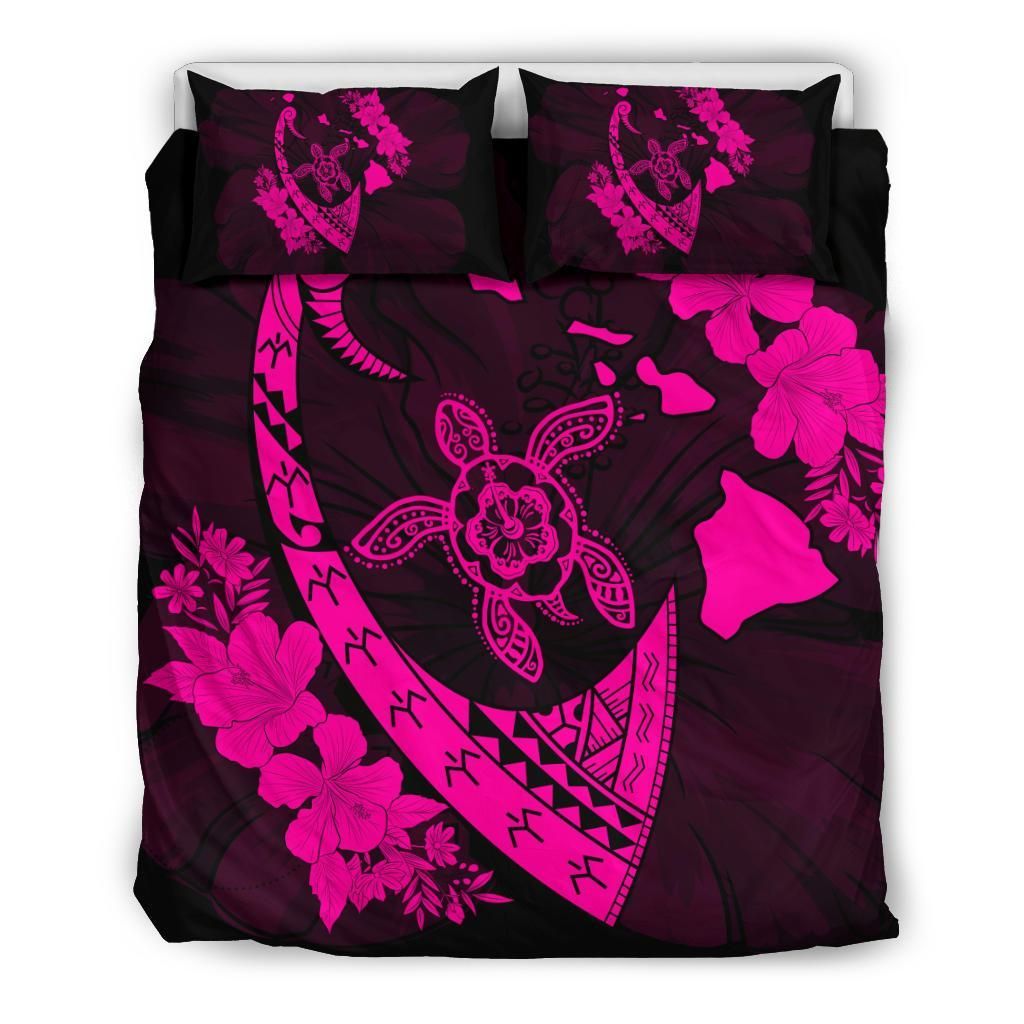 Hawaiian Map Hibiscus Turtle Fish Hook Polynesian Pink Bedding Set