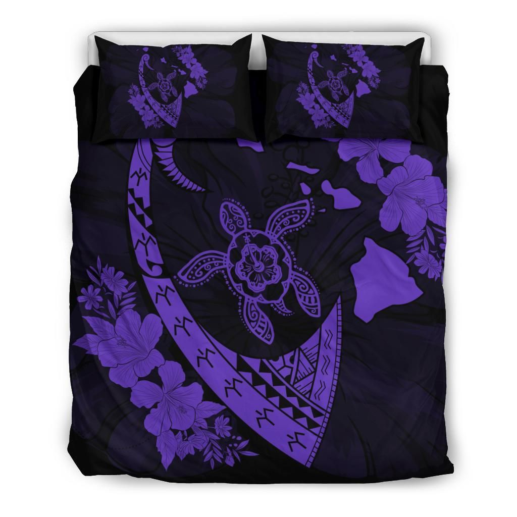 Hawaiian Map Hibiscus Turtle Fish Hook Polynesian Purple Bedding Set