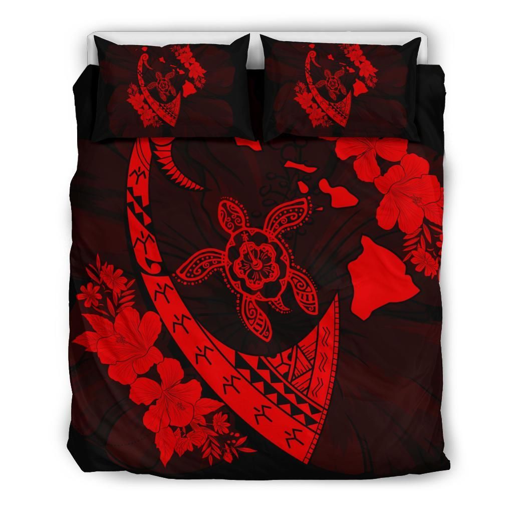Hawaiian Map Hibiscus Turtle Fish Hook Polynesian Red Bedding Set