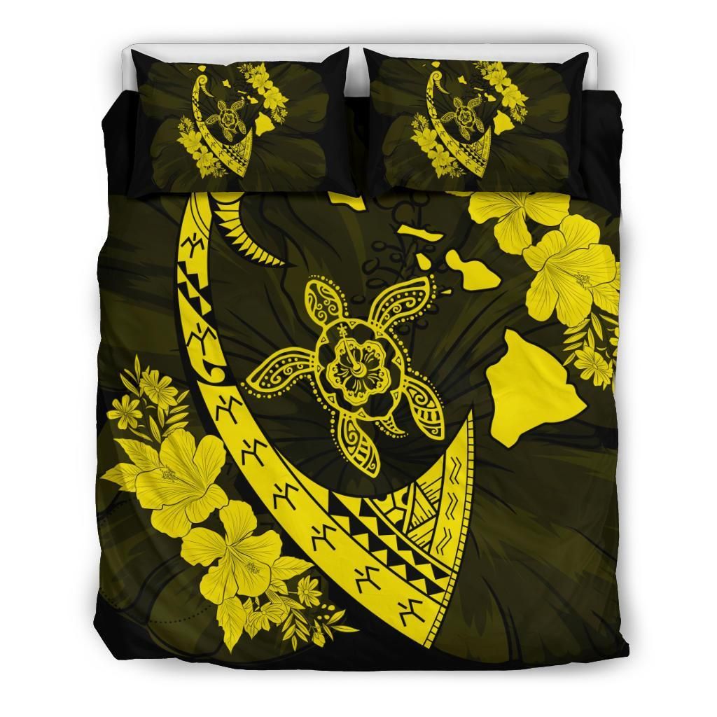 Hawaiian Map Hibiscus Turtle Fish Hook Polynesian Yellow Bedding Set