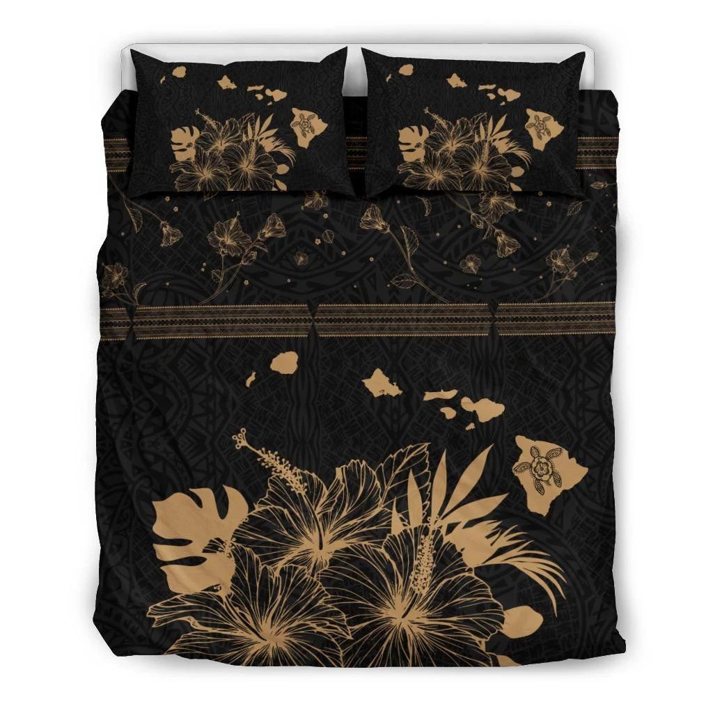 Hawaiian Map Hibiscus Turtle Polynesian Black And Gold Bedding Set