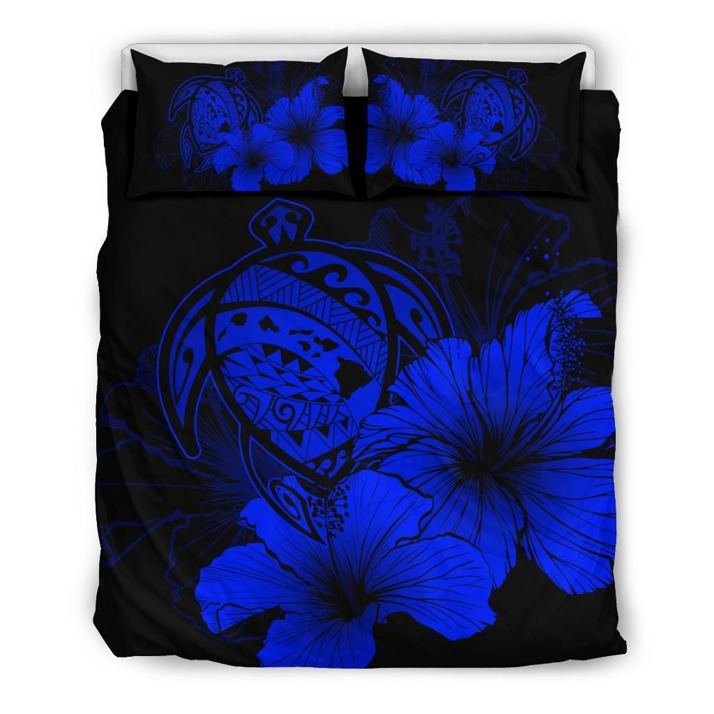 Hawaiian Map Hibiscus Turtle Polynesian Blue Bedding Set