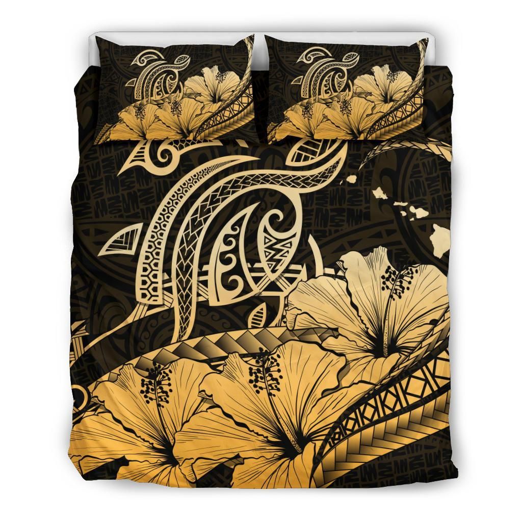Hawaiian Map Hibiscus Turtle Polynesian Gold Bedding Set