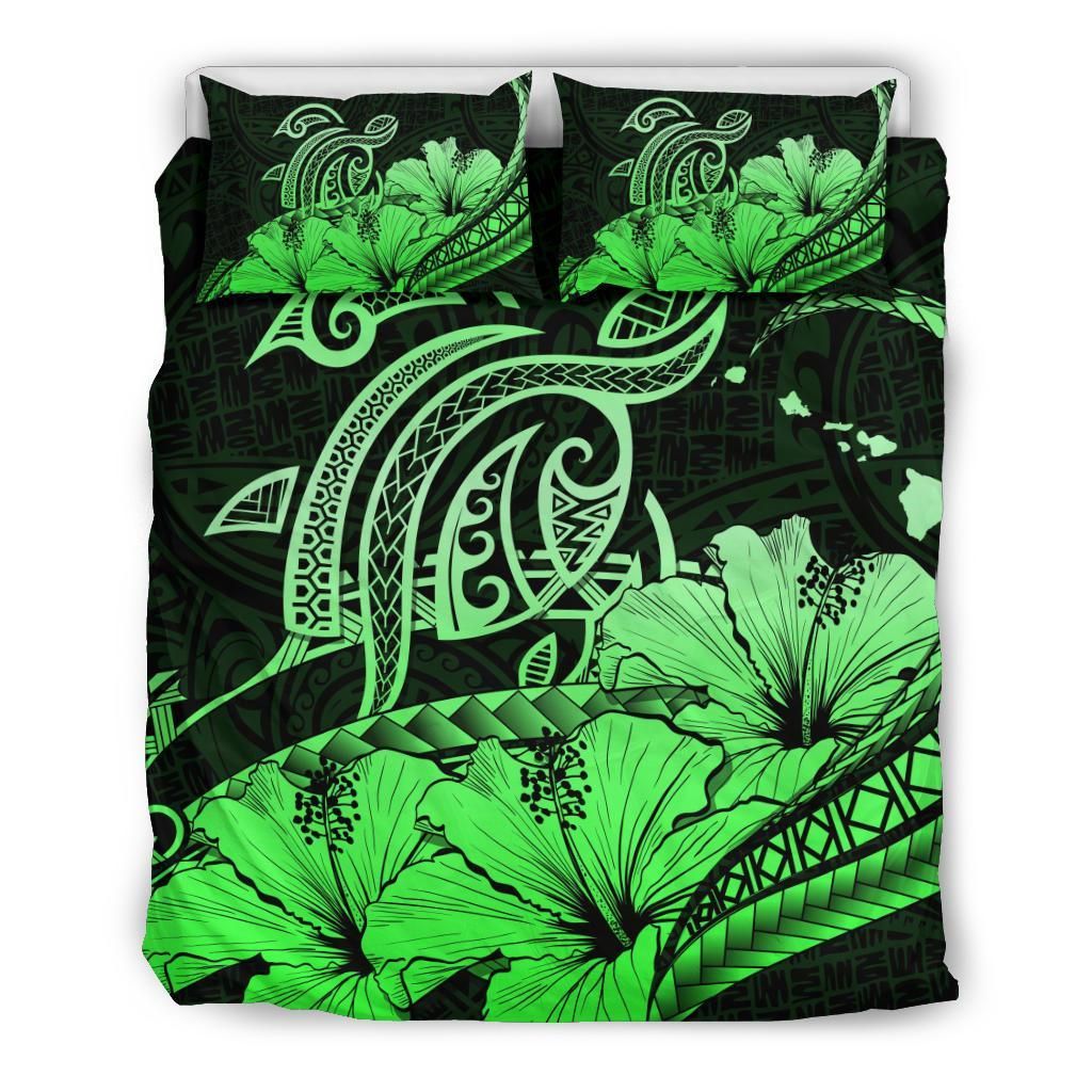Hawaiian Map Hibiscus Turtle Polynesian Green Bedding Set