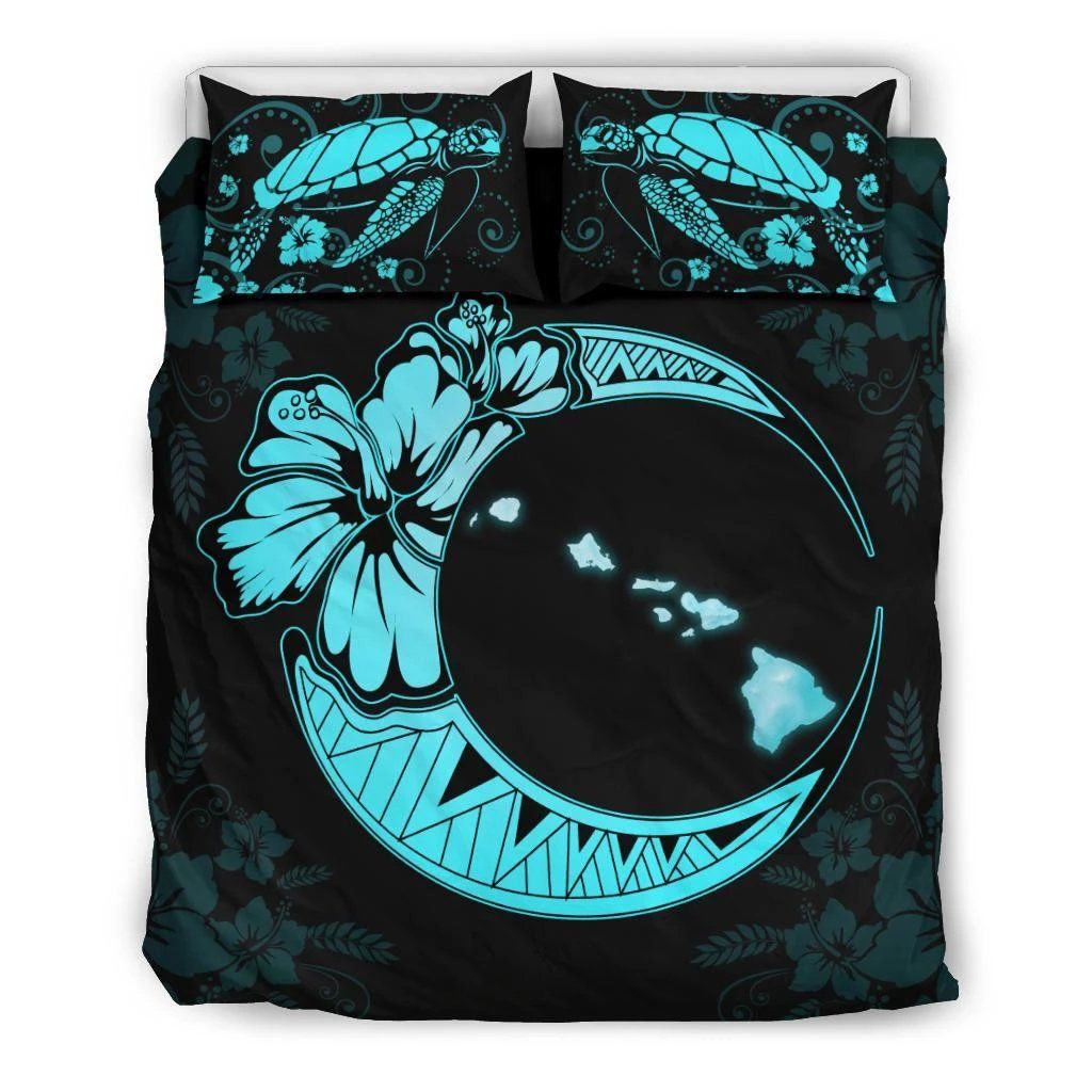 Hawaiian Map Hibiscus Turtle Polynesian Moon Blue Bedding Set