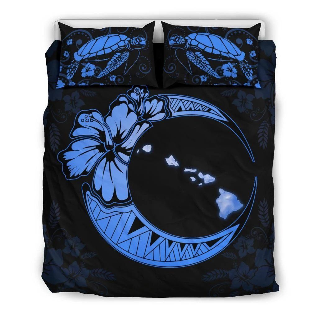 Hawaiian Map Hibiscus Turtle Polynesian Moon Deep Blue Bedding Set