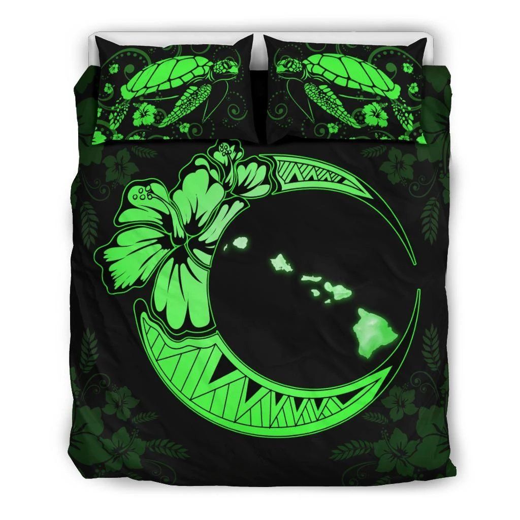Hawaiian Map Hibiscus Turtle Polynesian Moon Green Bedding Set