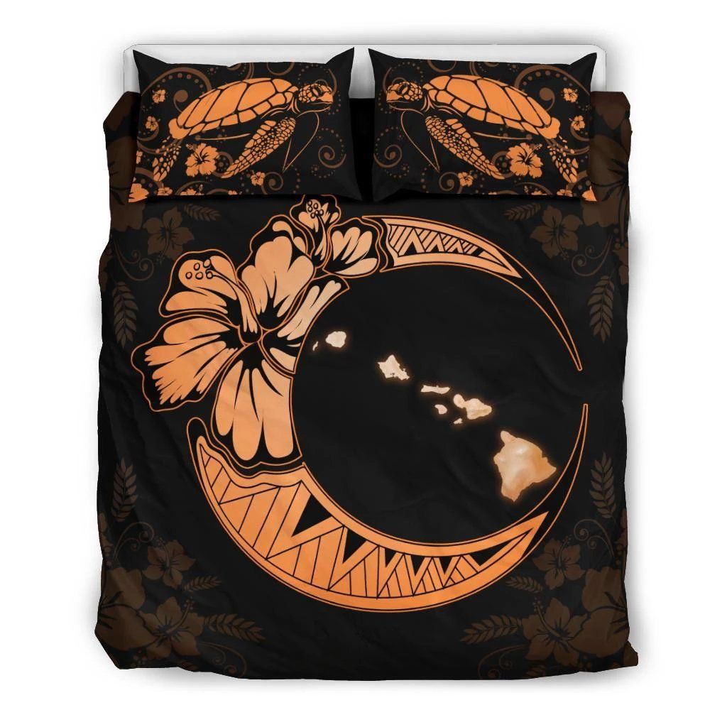 Hawaiian Map Hibiscus Turtle Polynesian Moon Orange Bedding Set