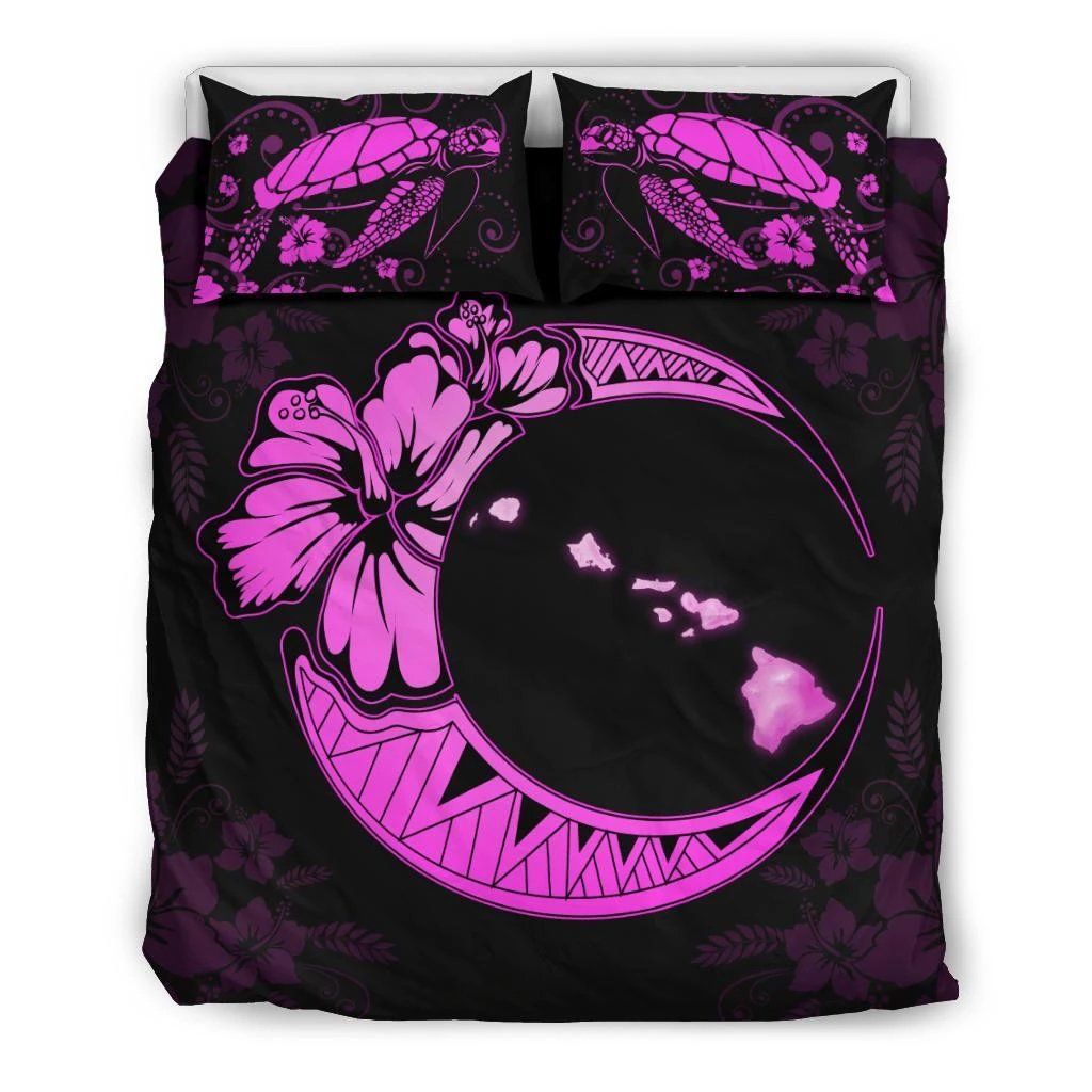 Hawaiian Map Hibiscus Turtle Polynesian Moon Pink Bedding Set