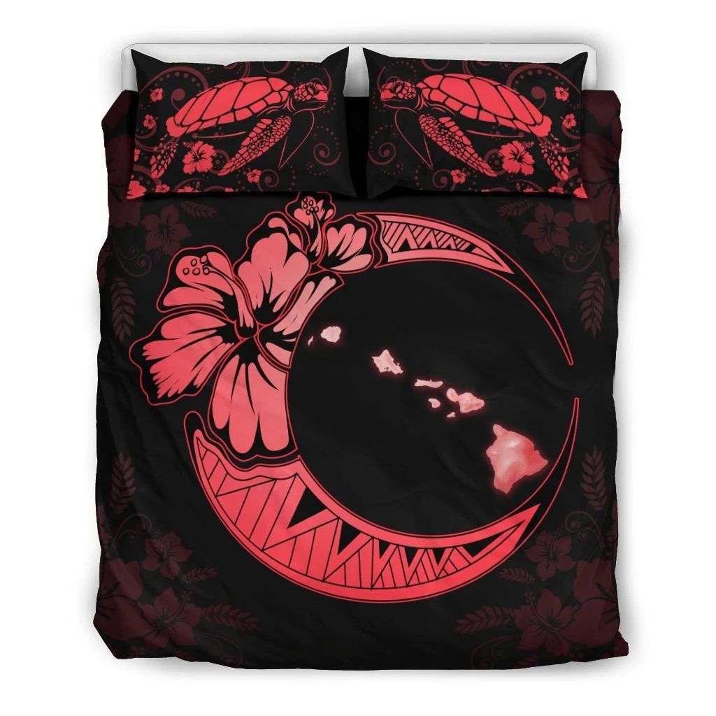 Hawaiian Map Hibiscus Turtle Polynesian Moon Red Bedding Set