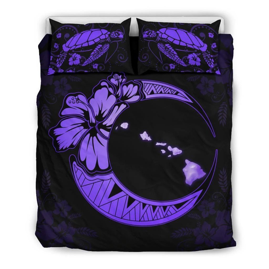 Hawaiian Map Hibiscus Turtle Polynesian Moon Violet Bedding Set