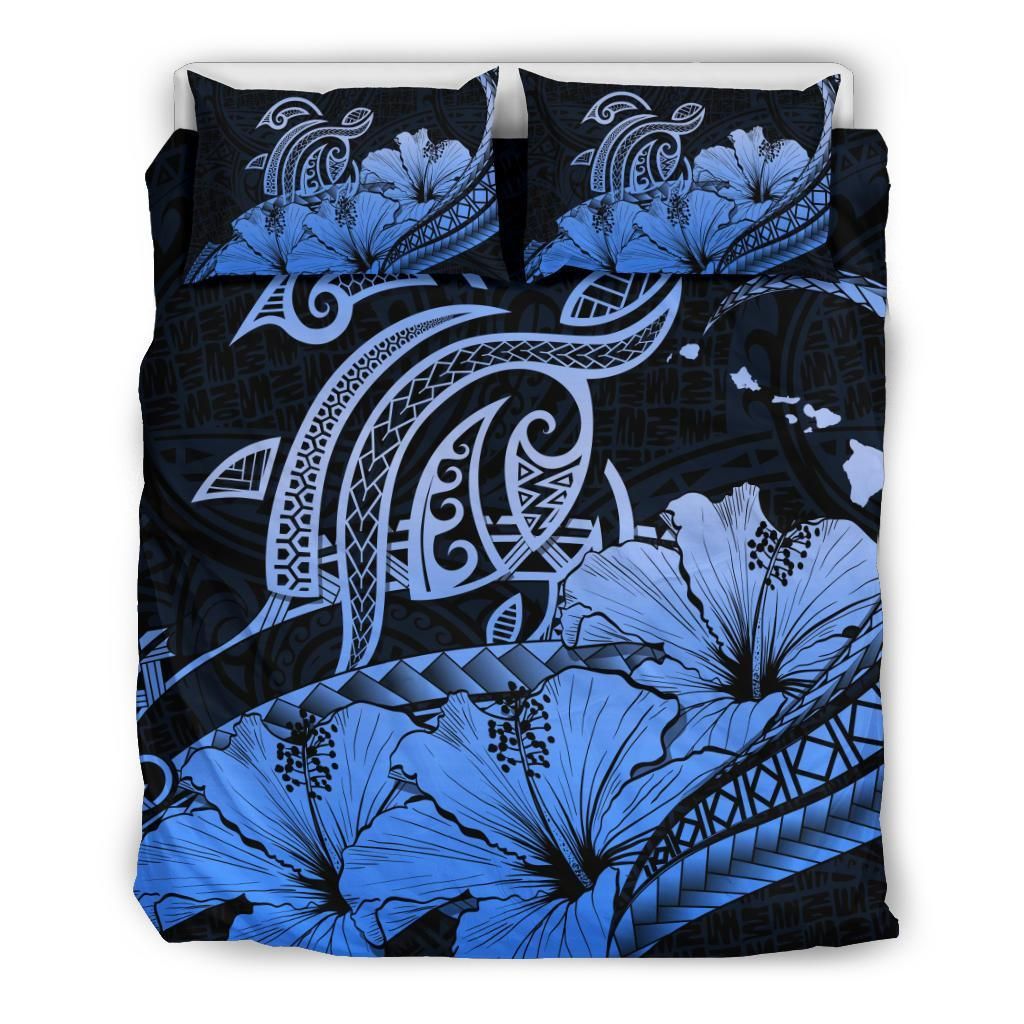 Hawaiian Map Hibiscus Turtle Polynesian Ocean Blue Bedding Set