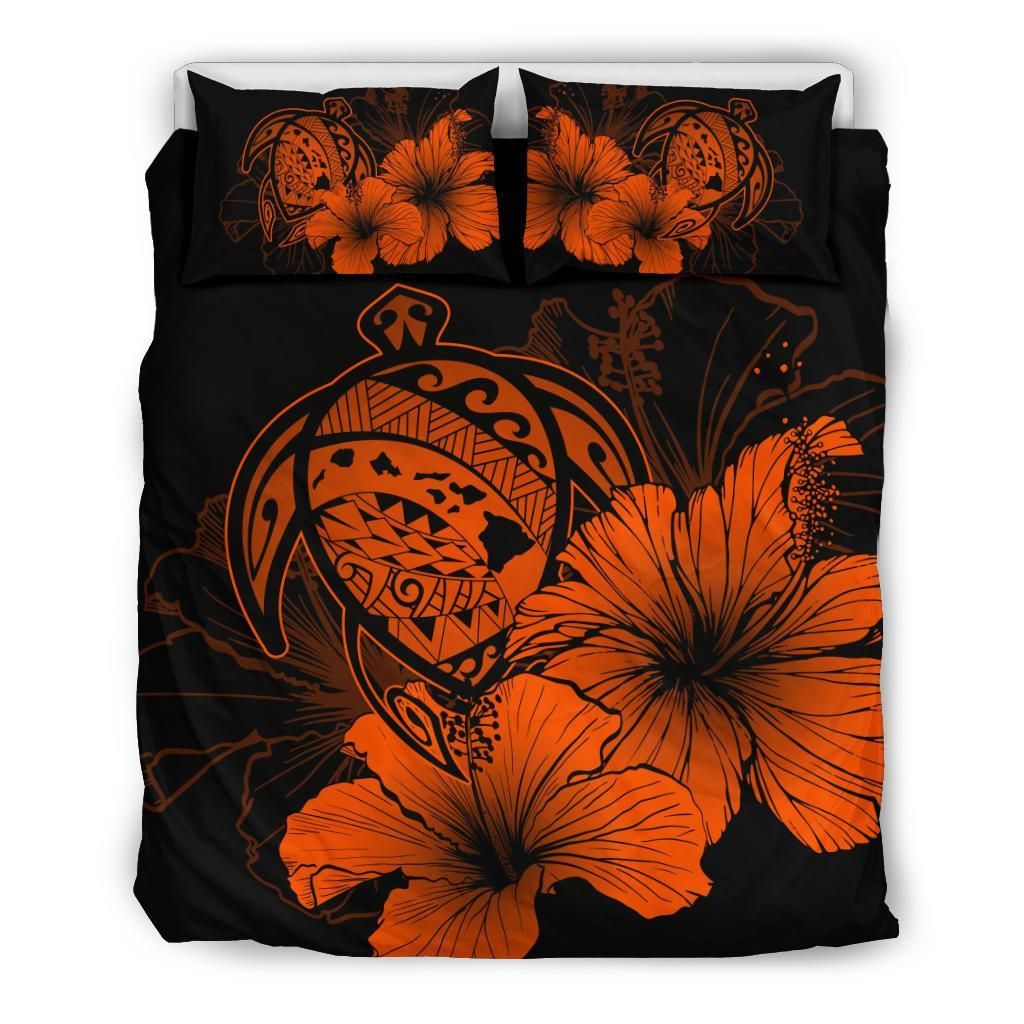 Hawaiian Map Hibiscus Turtle Polynesian Orange Bedding Set