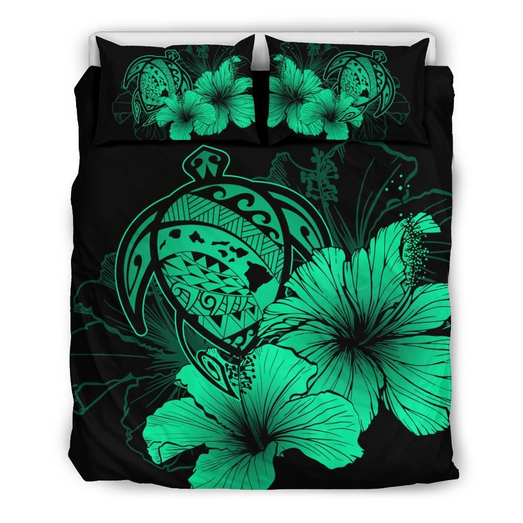 Hawaiian Map Hibiscus Turtle Polynesian Pastel Green Bedding Set