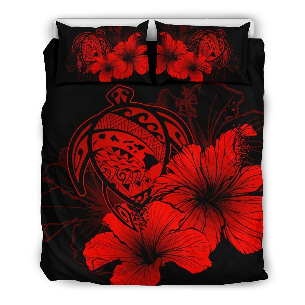 Hawaiian Map Hibiscus Turtle Polynesian Red Bedding Set
