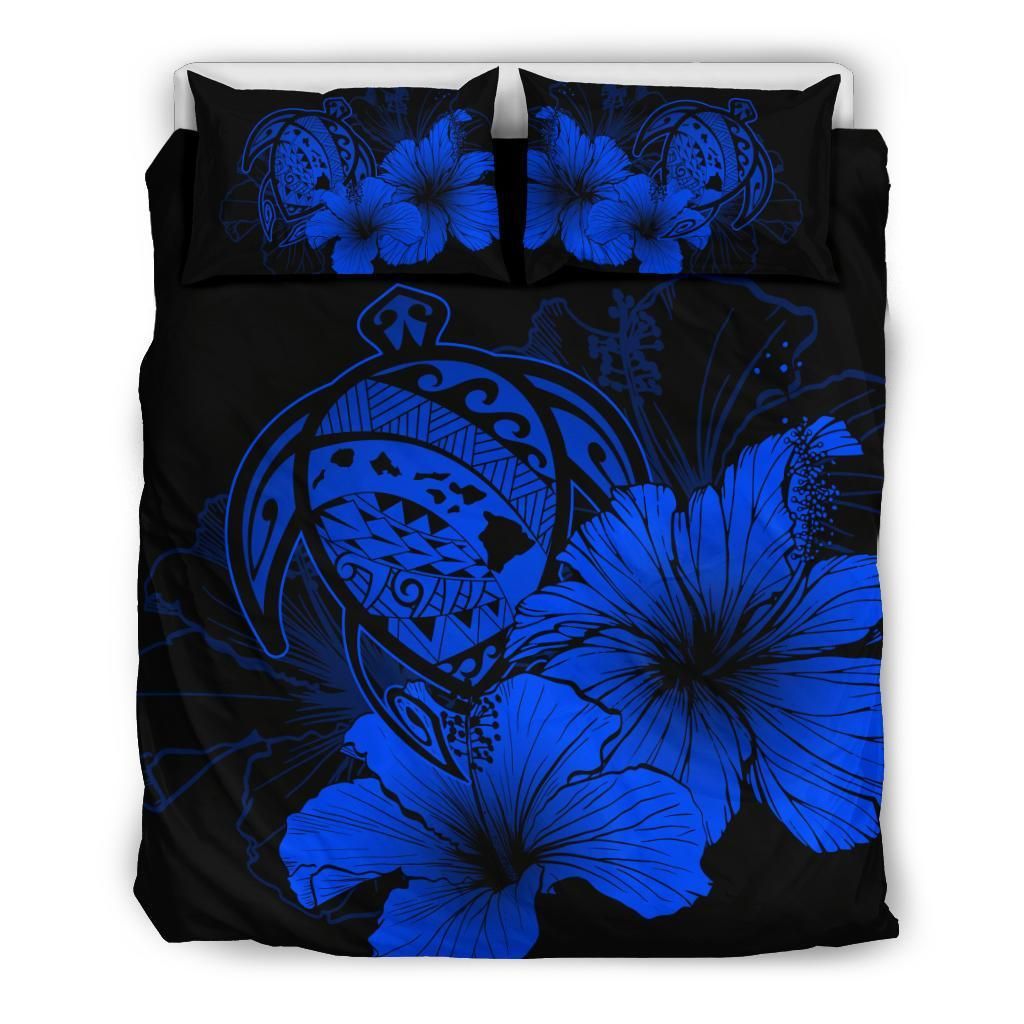 Hawaiian Map Hibiscus Turtle Polynesian Traffic Blue Bedding Set